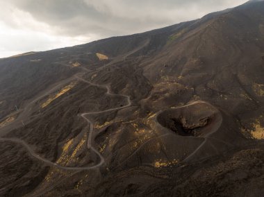 Etna Dağı, Sicilya - İtalya 'da Avrupa' nın en uzun aktif yanardağı 3329 metre. Etna volkanının geniş panoramik görüntüsü, yokuştaki sönmüş kraterler, volkanik aktivite izleri..