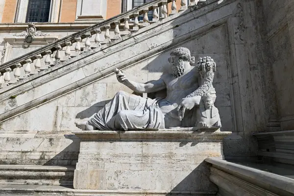 stock image Rome, Italy - Aug 30, 2023: Detail of Fountain of the Goddess Roma at Capitol Square in Rome, Italy, Capitol Square, Palazzo Senatorio, Palazzo, Senatorio