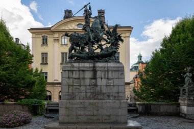 Aziz George ve Ejderha heykeli ve Gamla Stan 'de, Eski Stockholm Kasabası, İsveç