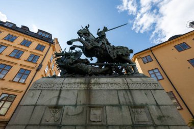 Aziz George ve Ejderha heykeli ve Gamla Stan 'de, Eski Stockholm Kasabası, İsveç