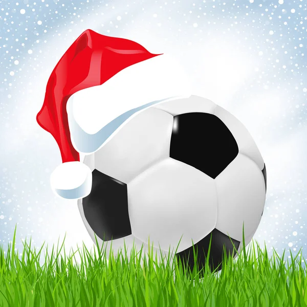 Santa Claus Red Hat Soccer Ball Green Grass — Vetor de Stock