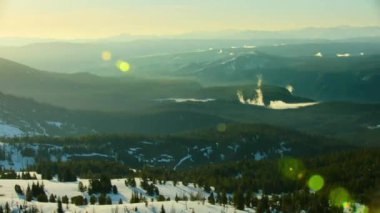 Aerial drone over lush green forest in the Rocky Mountains,Yellowstone, in the western United States