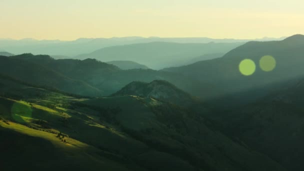 アメリカ合衆国西部のイエローストーンのロッキー山脈の緑豊かな森の上の空中ドローン — ストック動画