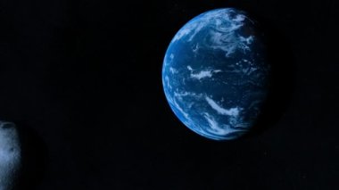 Close up animation of moon seen from space, the moon spinning on dark background.