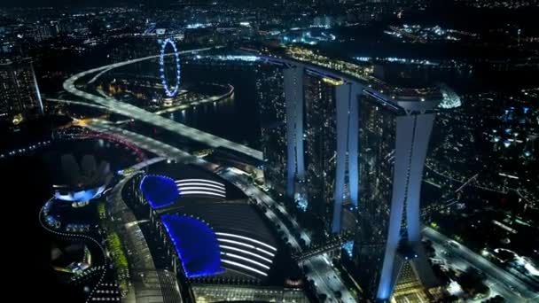Luchtfoto Van Stadsgezicht Nachts Singapore — Stockvideo