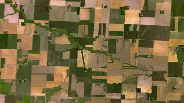 広い平野の緑のフィールドから空中ズームアウト 異なる色で栽培土地 田舎のフィールドの空中ビュー カリフォルニア州 — ストック動画