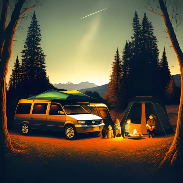 Oameni Camping Vacanță — Vector de stoc