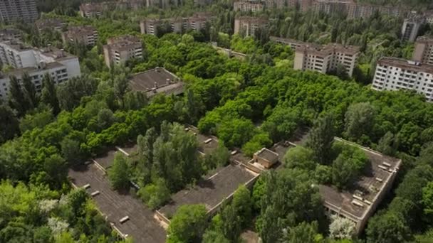 Uitzicht Vegetatie Begon Ontkiemen Geruïneerde Stad Pripyat Radioactieve Tsjernobyl Zone — Stockvideo