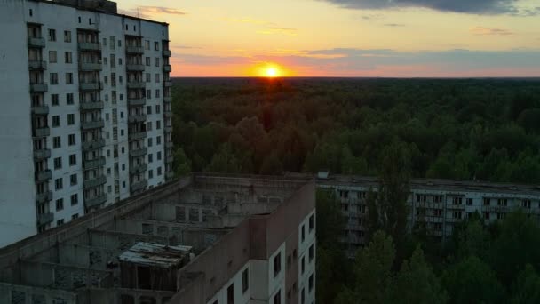 Utsikt Över Vegetationen Började Gro Den Förstörda Staden Pripyat Den — Stockvideo