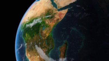 Uzaydan görünen Dünya 'nın animasyonu. Afrika 'nın doğusunda Tsavo Ulusal Parkı' nda Kenya bulunur ve güneyinde Tsavo bulunur. 3d canlandırma.