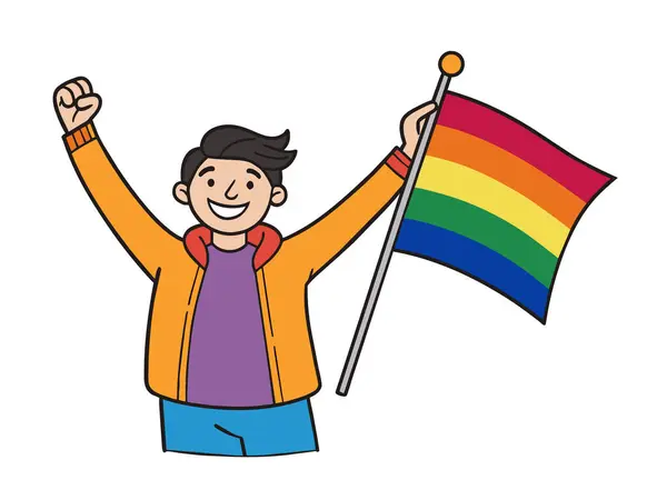 stock vector LGBTQ man celebrate with Pride Rainbow flag. PRIDE month.