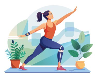 Young disabled woman with leg prosthesis doing yoga asana. Inclusive sport for people with disabilities. Female cartoon yoga pose. Full body yoga workout vector illustration
