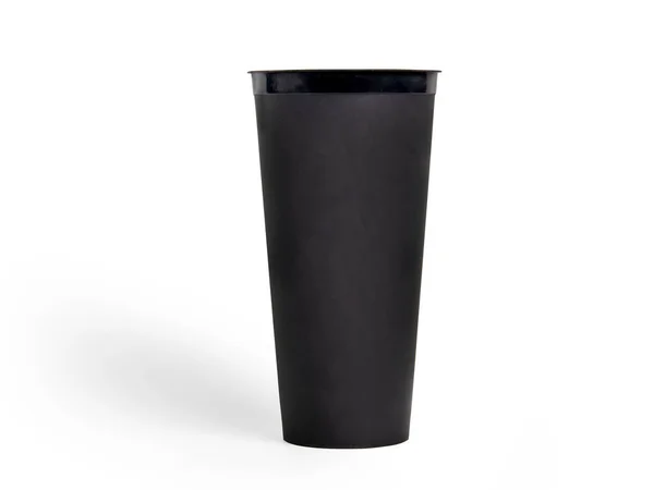 Fekete Üres Műanyag Pohár Elszigetelt Fehér Háttér Fekete Műanyag Bögre — Stock Fotó