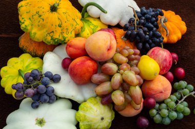 Cornucopia, bahar sebze ve meyve hasadı, natürmort, kompozisyon şeftali, kabak, üzüm, armut içerir. Düz yat. Yüksek kalite fotoğraf