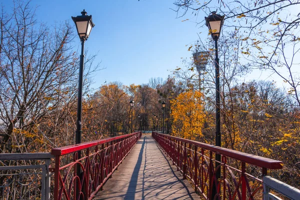 Sonbahar şehir parkındaki köprü, sarı-kırmızı ağaç yaprakları, sonbahar renkleri, sonbahar. Yüksek kalite fotoğraf