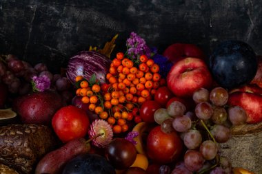 Sonbahar hasadı meyveleri, çiçekler, siyah arka planda yaban mersinleri hasat festivali ya da Şükran Günü için bir kompozisyon. Yüksek kalite fotoğraf