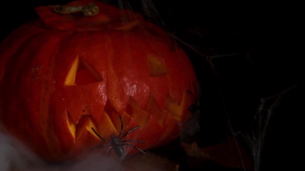 Decoraciones Halloween Humo Calabaza Arañas Linterna Jacks Calabaza Misteriosamente Imágenes — Vídeo de stock