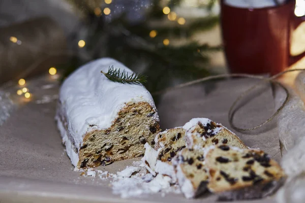 Sluiten Van Kerstmis Stollen Christstollen Gist Brood Kerst Traditie Met — Stockfoto