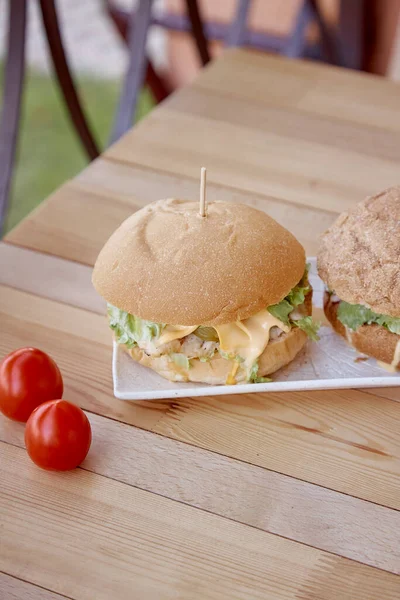 健康的なビーガンディナー ベジタリアンカツと自家製ハンバーガー 漬物キュウリと緑の屋外 — ストック写真