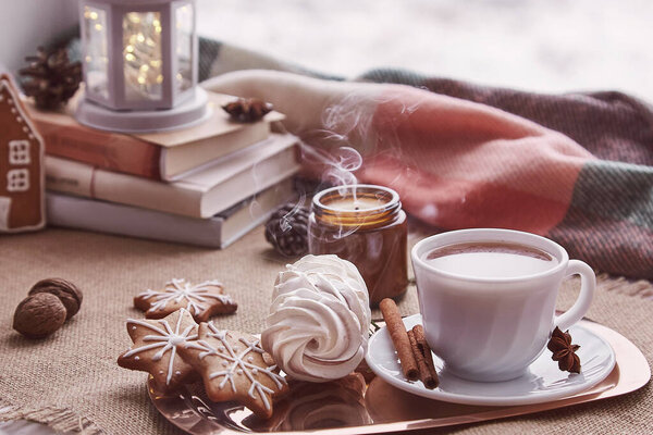 Зимнее эстетическое утро в снежный день. Рождественская атмосфера дома с книгами, фонарик, свечи, имбирное печенье, зефир, чашка кофе фон.