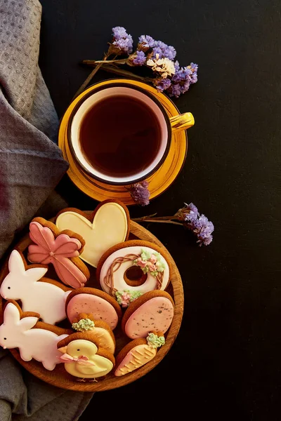 Aesthetics Festive Easter Cookies Cups Tea Flat Lay Holiday Food — Stockfoto