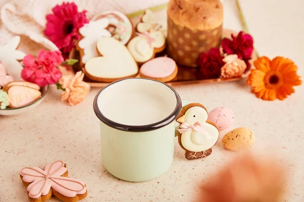 Mug Milk Easter Cake Decorated Cookies Flowers Spring Cozy Aesthetic — Stock Photo, Image