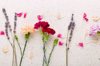 Doğal arka planda dekoratif çiçekler. Dilek kartı, doğum günü, düğün, anne, kadınlar günü yaratıcı arka plan düzlüğü