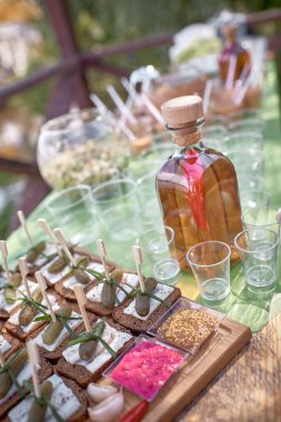 Domuz yağı ve turşulu sandviç. Sıcak kırmızı biberli klasik Ukrayna alkol tentürü. Geleneksel Ukrayna atıştırması. Yemek servisi, yaz partisi konsepti..