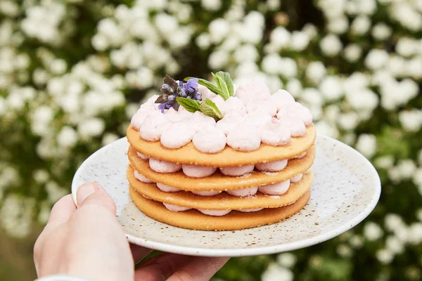 審美的なフランスのケーキの新婚旅行の屋外 夏の光の層状デザートを閉じます — ストック写真