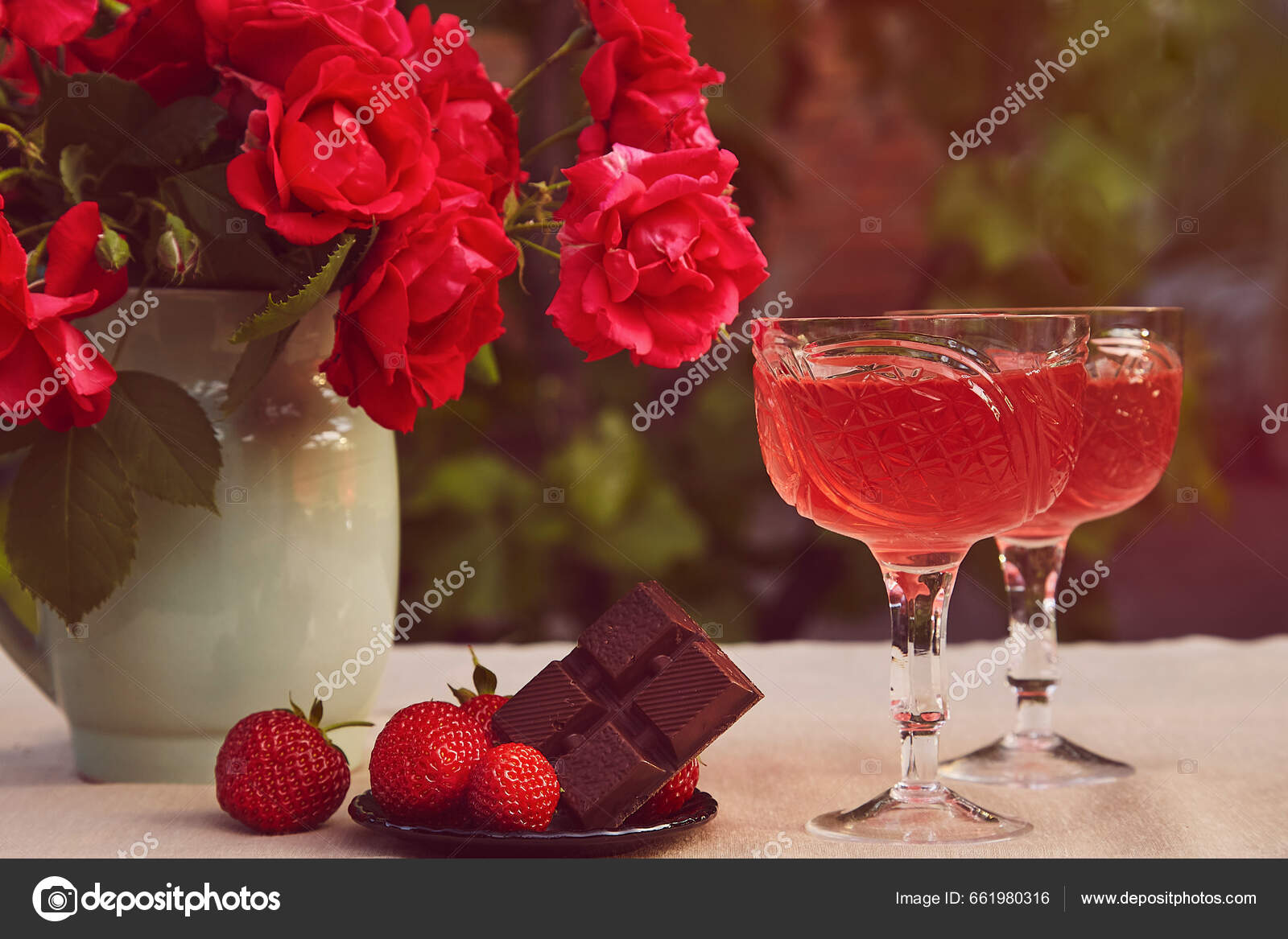 Aesthetic Summer Table Settings Couple Glasses Red Strawberry Wine  Strawberry Stock Photo by ©natalia.yevpatova@gmail.com 661980316