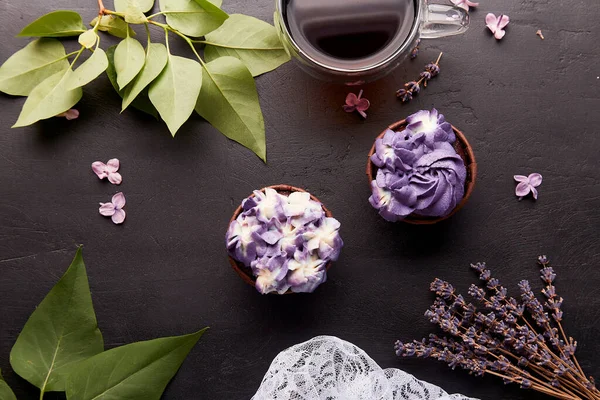 Aesthetics french purple floral cupcakes using trend Dreamy Escapism. Coffee time among flowers