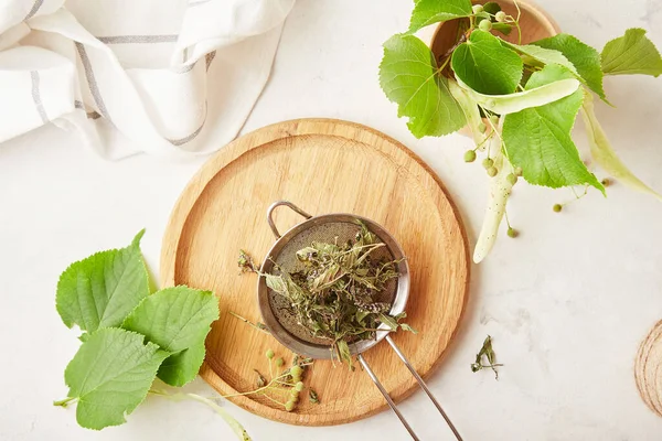 Ingredientes Para Preparar Tília Orgânica Natural Chá Hortelã — Fotografia de Stock