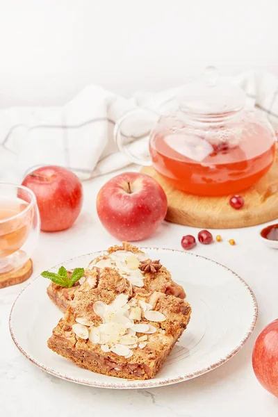 Homemade sugar free apple pie and healthy berry tea. Apple pie dessert with fruits and honey. Aesthetic autumn food.
