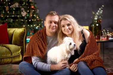 Köpekleri Noel ağacının yanında güzel, romantik bir çift. Evin içinde, estetik bir şenlik içinde. Samimi, doğru an. Keyfiniz yerinde ve birlikte eğleniyorsunuz. Noel aşk hikayesi.