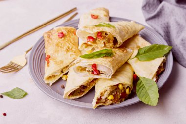 Güneybatı Tavuk Egg Rolls Wirh mısır, kırmızı dolma biber, jalapeno, siyah fasulye, peynir, tavuk, tatlı ve baharatlı baharatlı börek.