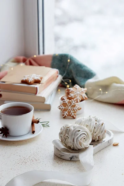 Christmas aesthetics background in snowy day - sweet homemade marshmallows, hot cocoa, gingerbread cookies and books at home. Aesthetics cozy home.