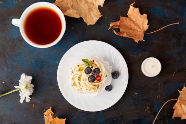 Pavlova ile sonbahar titreşimlerinin ve kırsal arka plandaki kuru yaprakların arasında çay fincanının tadını çıkarmak.