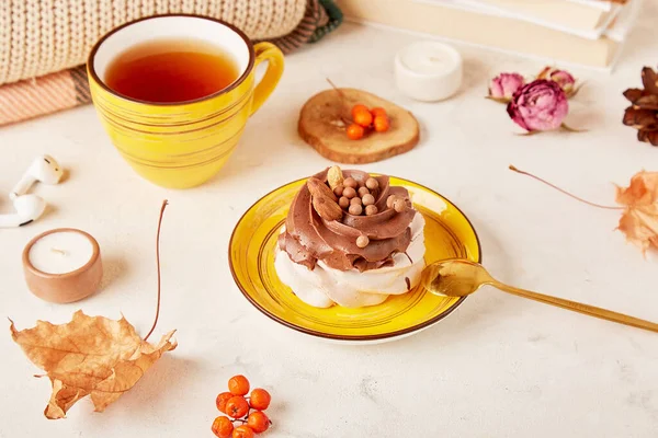 Aesthetics Chocolate Pavlova cake, Tea Cup. Autumn tea time vibes flat lay