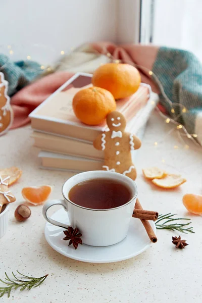 Cozy seasonal food - aesthetics coffee, gingerbread cookies, tangerines near books on the window. Christmas holidays mood in snowy day.