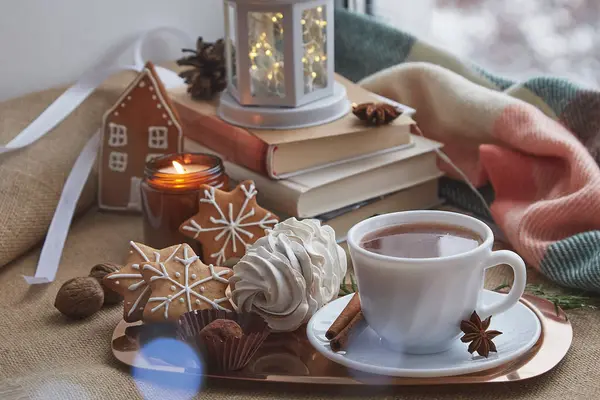 Aesthetic winter coziness at windowsill at snowy day. Christmas home with books, gingerbread cookies, marshmallow, cocoa, cup of cocoa background.