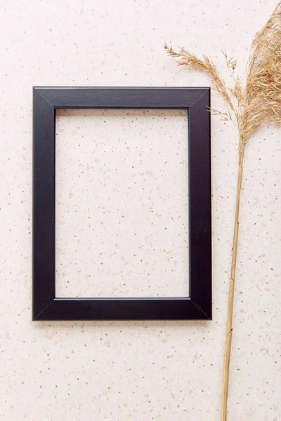 Empty interior black wall frame mockup, minimalist fine art template with cane.