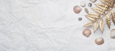 Kırışık kağıda yazılmış plaj taşları. Uzayı kopyala Ekstra geniş pankart.