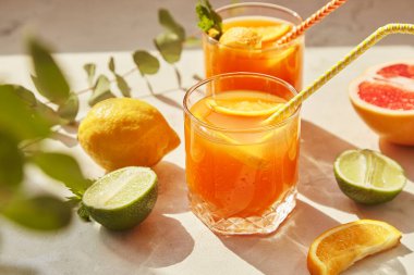 Estetik yaz alkolsüz, portakal, greyfurt, limon ve limonla ferahlatıcı kokteyller. Arındırılmış vitaminli içecekler.