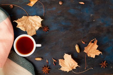 Kırsal arka planda kuru yapraklar arasında sonbahardan esinlenilmiş sıcak içecek.