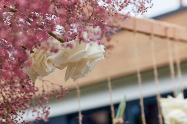 Pembe çiçeklerin arasında beyaz bir gül. Düğün ve özel etkinlik davetleri kavramı.
