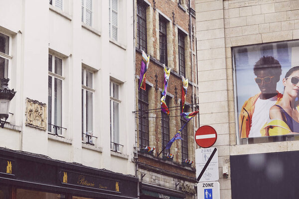 Brussels, Belgium - May 25, 2024: View on city centre famous landmark. Famous street, tourist destination.