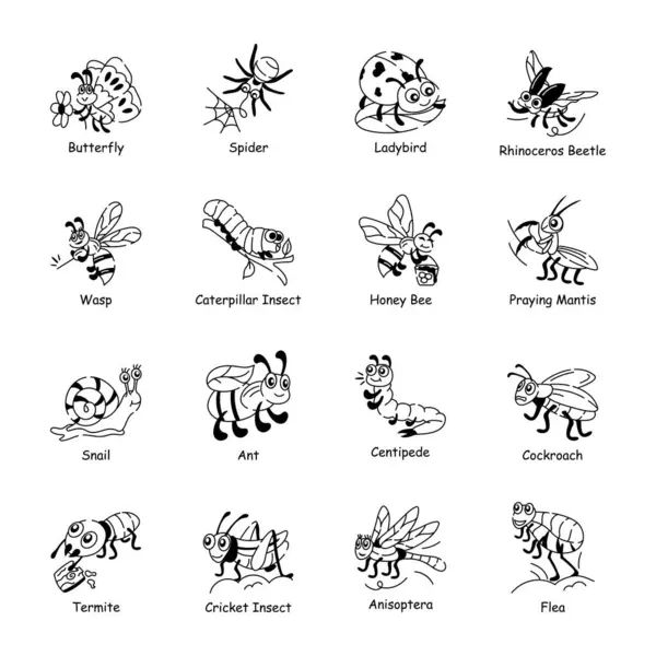 stock vector Pack of 16 Cute Insects Doodle Icons 