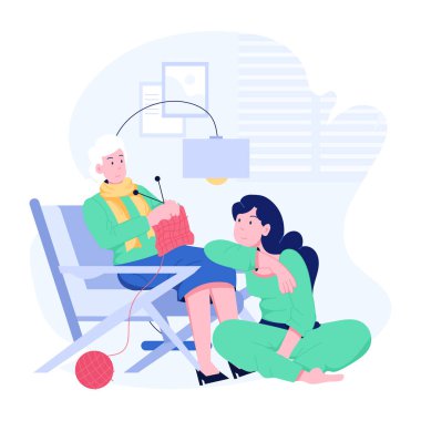 Kıdemli örgü ören bir kadınla oturan kız, düz çizim. 