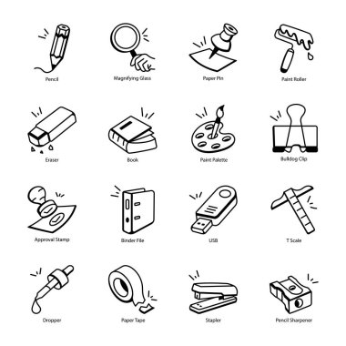 Collection of 16 Stationery Tools Outline Icons  clipart