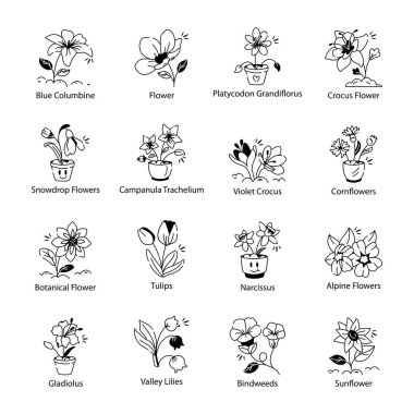 Collection of Flowers Doodle Icons clipart